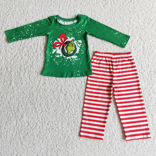 6 A12-4 Christmas green face long sleeve red striped pants boys set