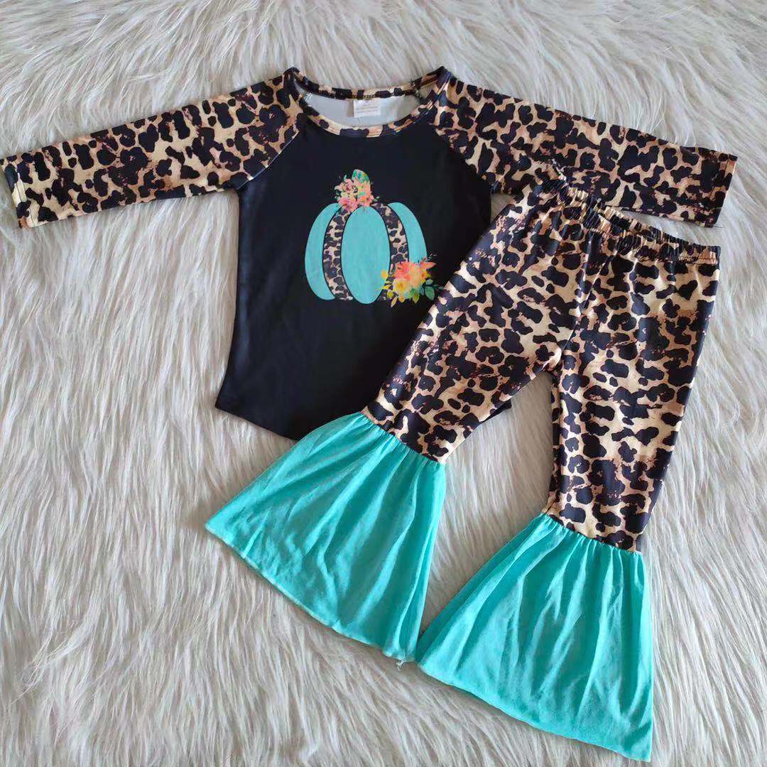 6 A13-15 Pumpkin black long sleeve leopard blue pants girls set