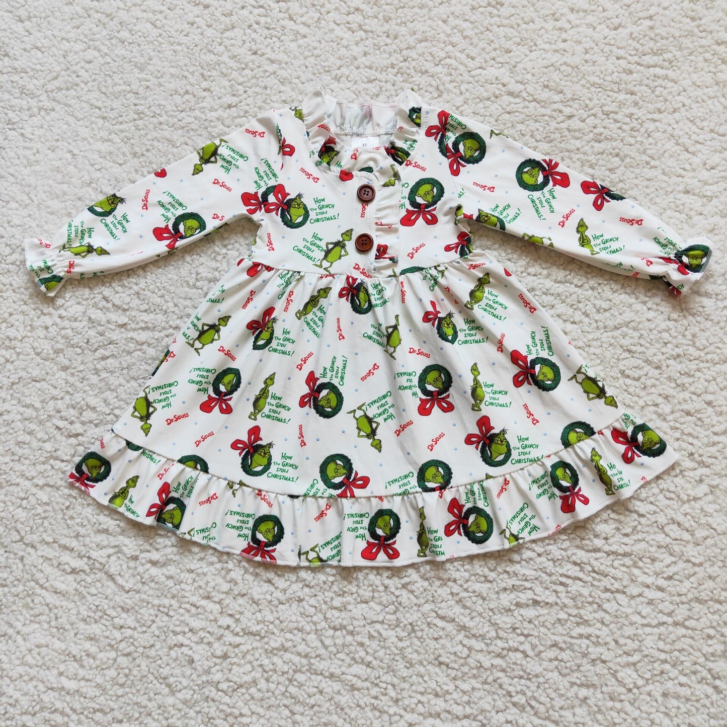 6 A13-18 Christmas green face long sleeve white girls dress