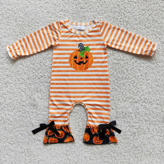 6 A13-2 Halloween pumpkin orange striped long sleeve girls romper