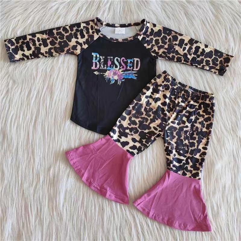 6 A14-12 Black leopard long sleeve hot pink pants girls outfit