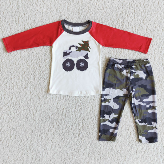 6 A14-2 Christmas tree truck long sleeve camo pants boys set