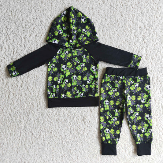 6 A15-14 Green face black hoodie long sleeve boys set