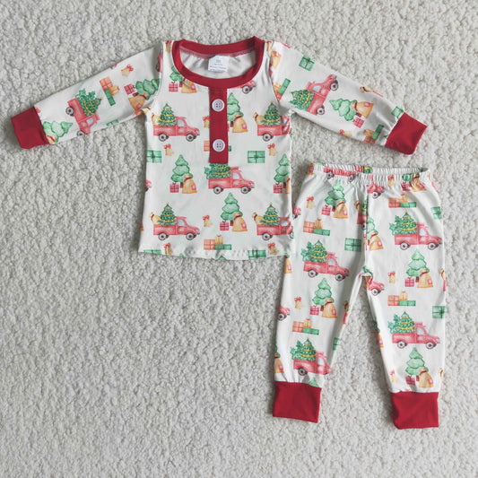 6 A15-20 Christmas tree truck red long sleeve pants boys pajamas