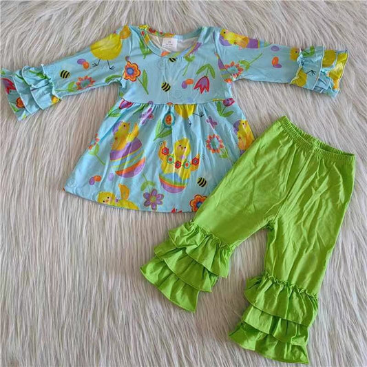 6 A16-11 Easter chick blue long sleeve green pants girls set