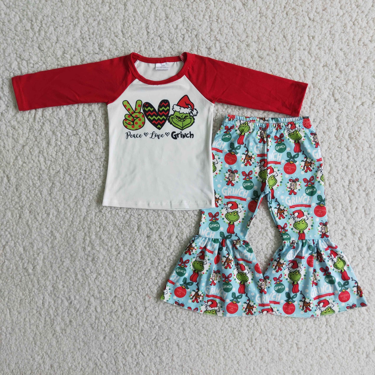 6 A16-20 Christmas green face Peace Love long sleeve green pants girls set