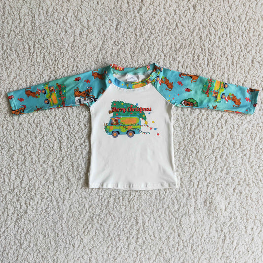 6 A16-3 Merry Christmas tree truck cartoon long sleeve boys top