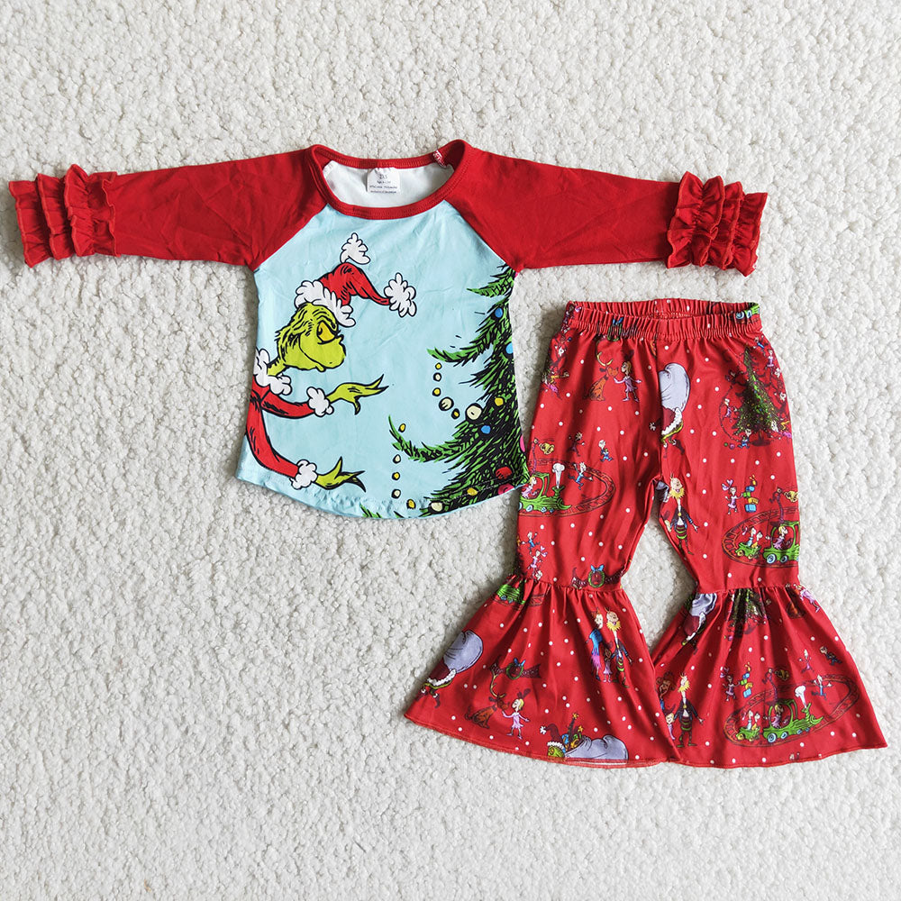 6 A17-14 Christmas green face long sleeve red pants girls set