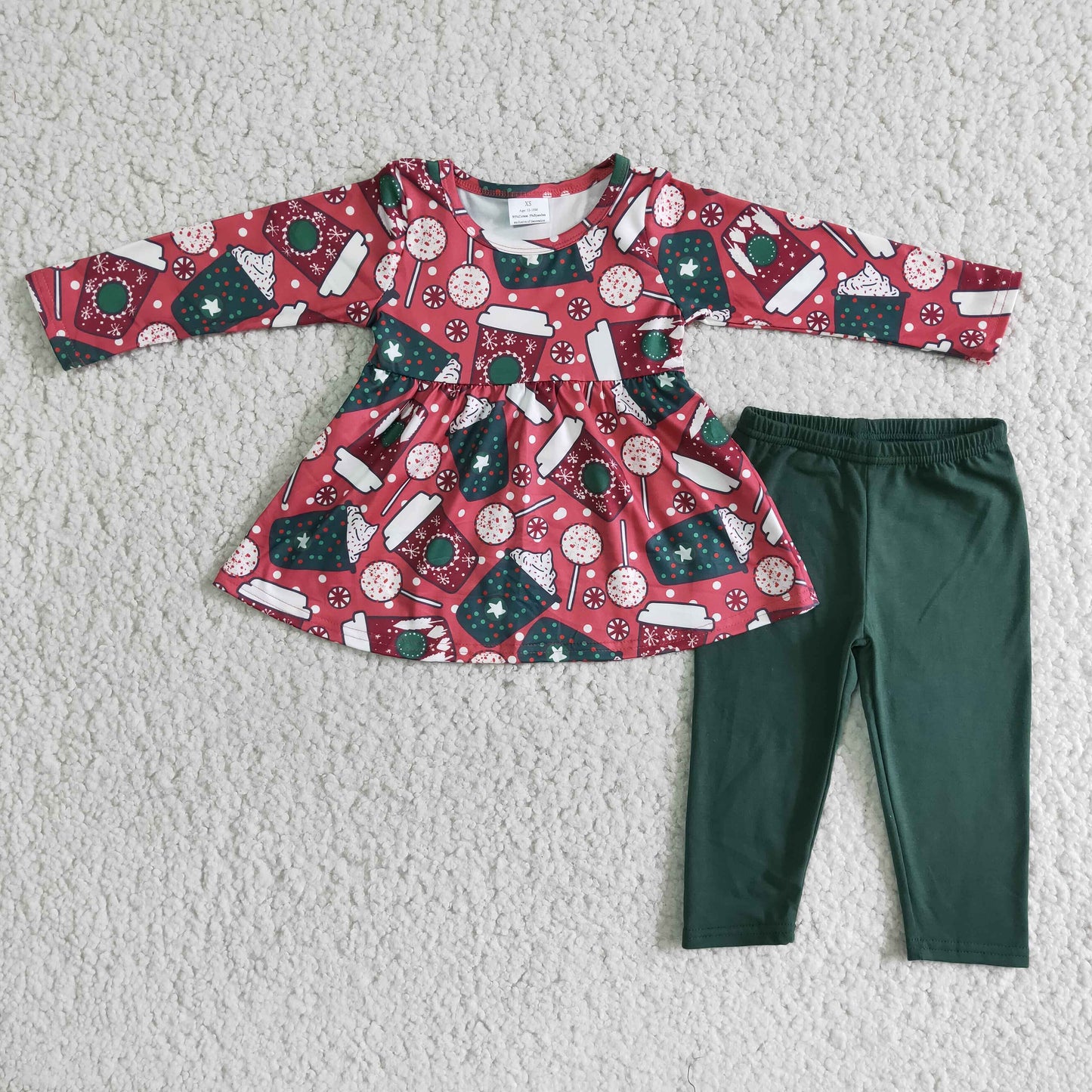 6 A18-29 Christmas coffee red long sleeve green pants girls set