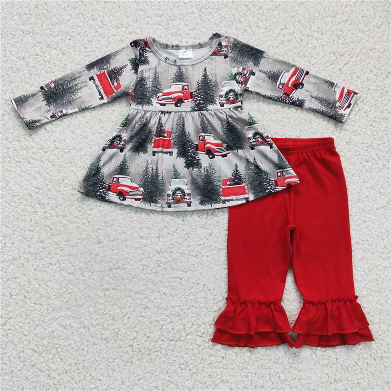 6 A19-11 Christmas tree truck long sleeve red pants girls set