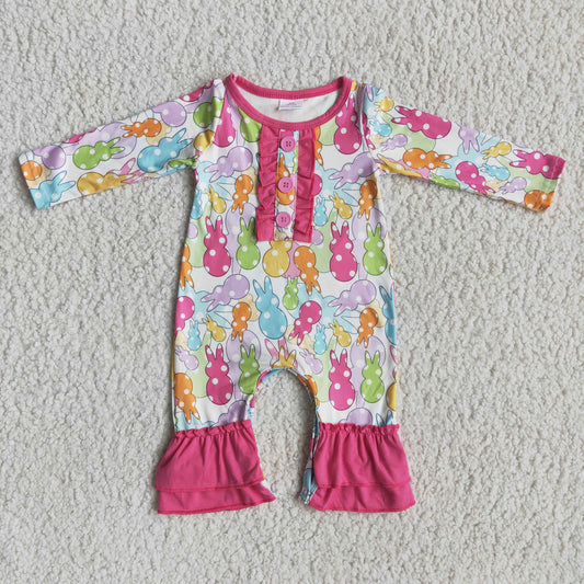 6 A19-18 Easter colorful rabbit hot pink long sleeve girls romper