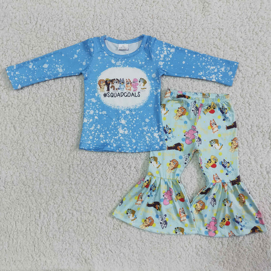 6 A19-4 Blue Dog Cartoon Blue Long Sleeve Pants Girls Set