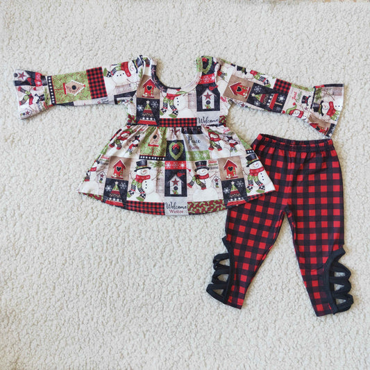 6 A2-16 Christmas snowman horse long sleeve red checkered pants girls set