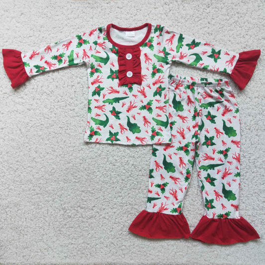 6 A2-27 Crayfish green animals red long sleeve pants girls pajamas