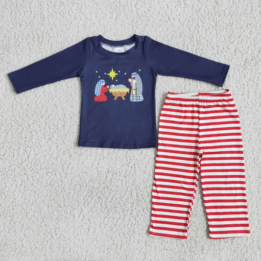 6 A20-17 Christmas The Nativity Story navy long sleeve red striped pants boys set