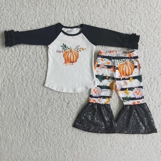 6 A20-29 Pumpkin flowers black long sleeve top striped pants girls set