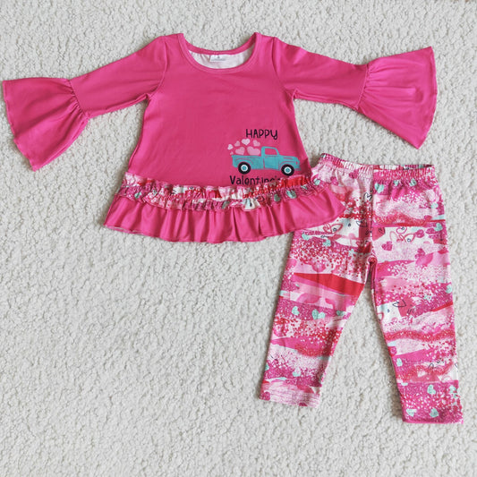 6 A22-29 Valentine's Day Happy Heart Truck Hot Pink Long Sleeve Pants Girls Set