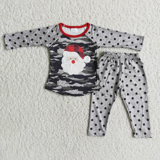 6 A23-13 Christmas Santa Claus camo long sleeve grey dot pants boys pajamas