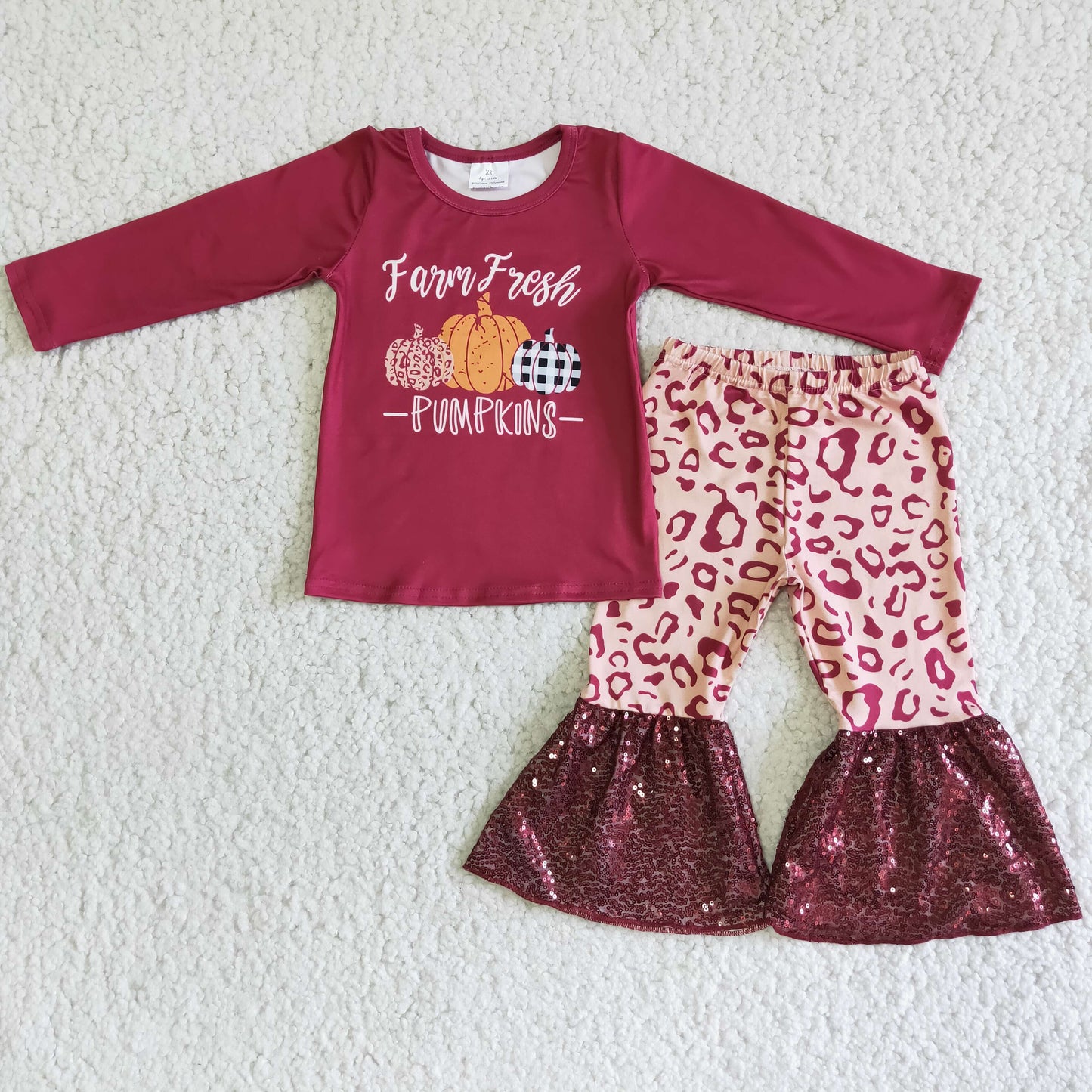 6 A25-14 Pimpkin red long sleeve leopard pants girls set
