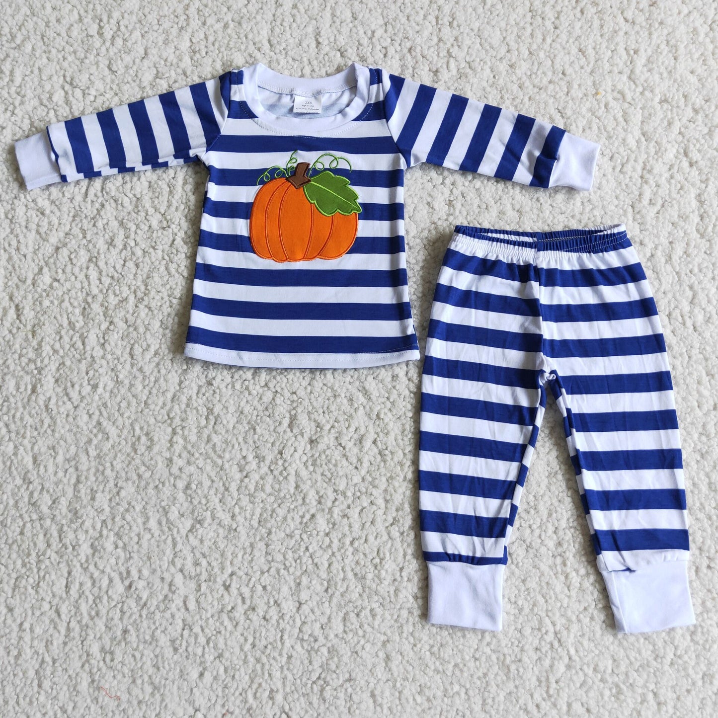 6 A25-26 Orange pumpkin blue striped long sleeve pants boys set
