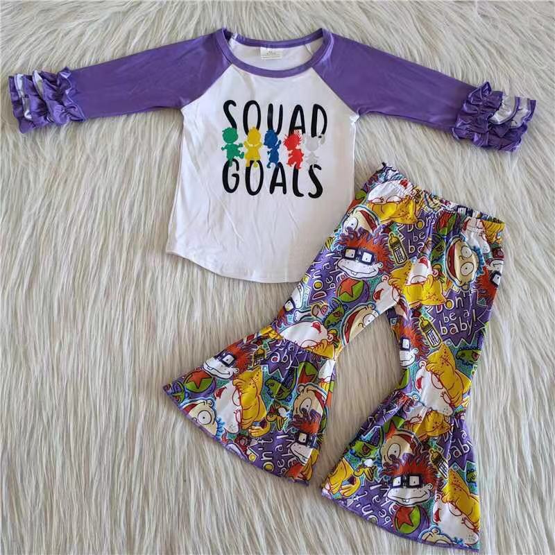 6 A25-5 Cartoon purple long sleeve colorful cartoon pants girls set