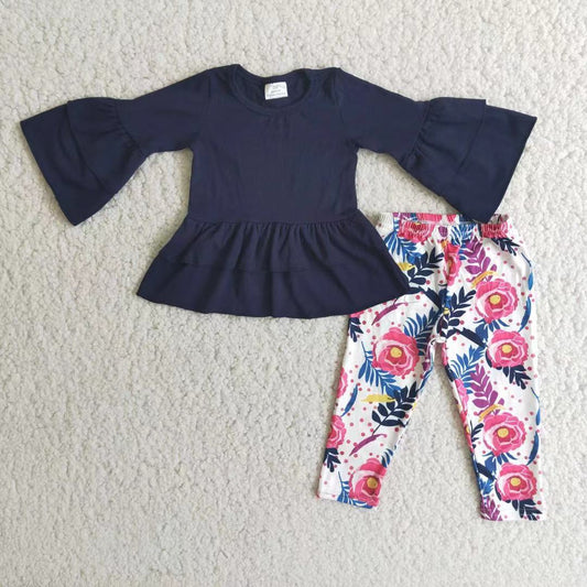 6 A26-18 Navy long sleeve pink flowers pants girls set