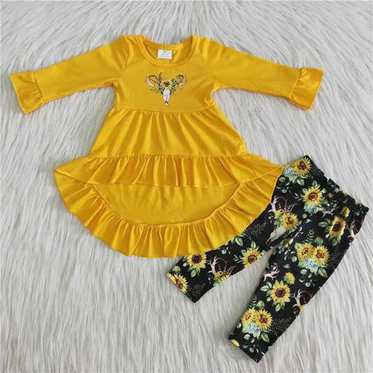 6 A26-27 Western cow yellow long sleeve sunflowers pants girls set