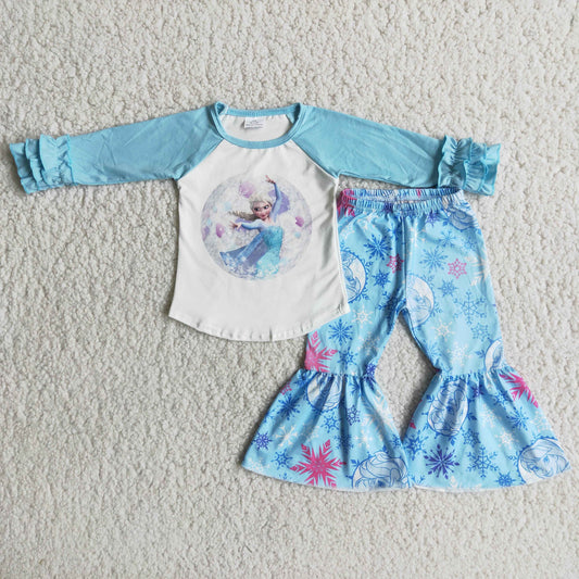 6 A26-28 Cartoon Princess blue long sleeve pants girls set