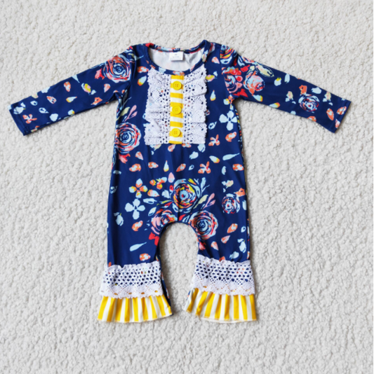 6 A26-3 Flowers Navy Blue Long Sleeve Girls Romper