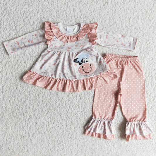 6 A26-30 Cow flowers pink long sleeve pink dot pants girls set