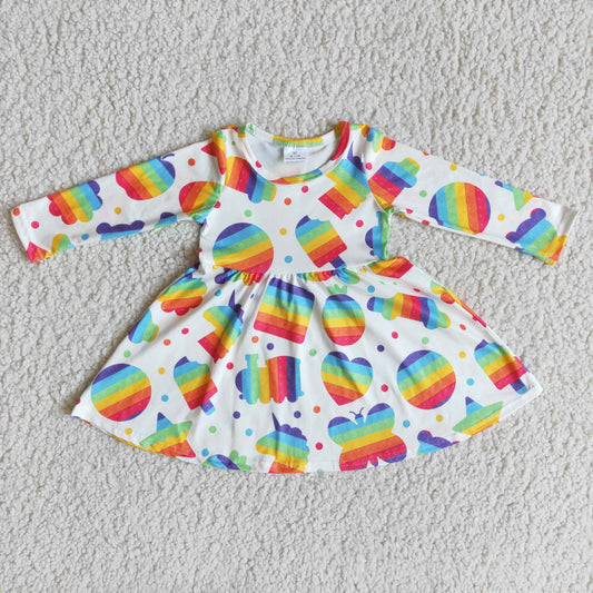 6 A27-14 Rainbow white long sleeve girls dress