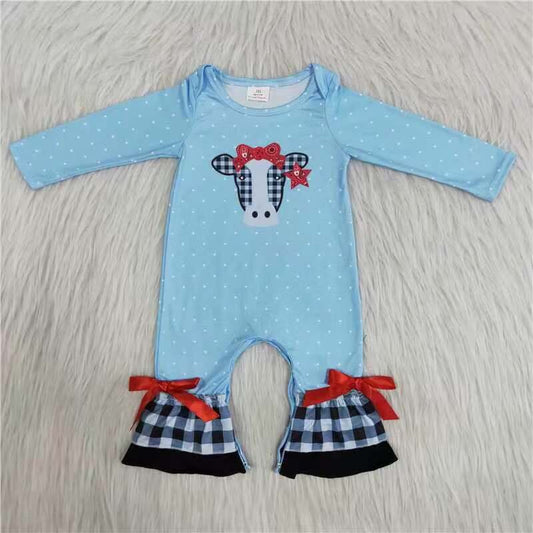 6 A27-2-1 Embroidery cow blue long sleeve girls romper