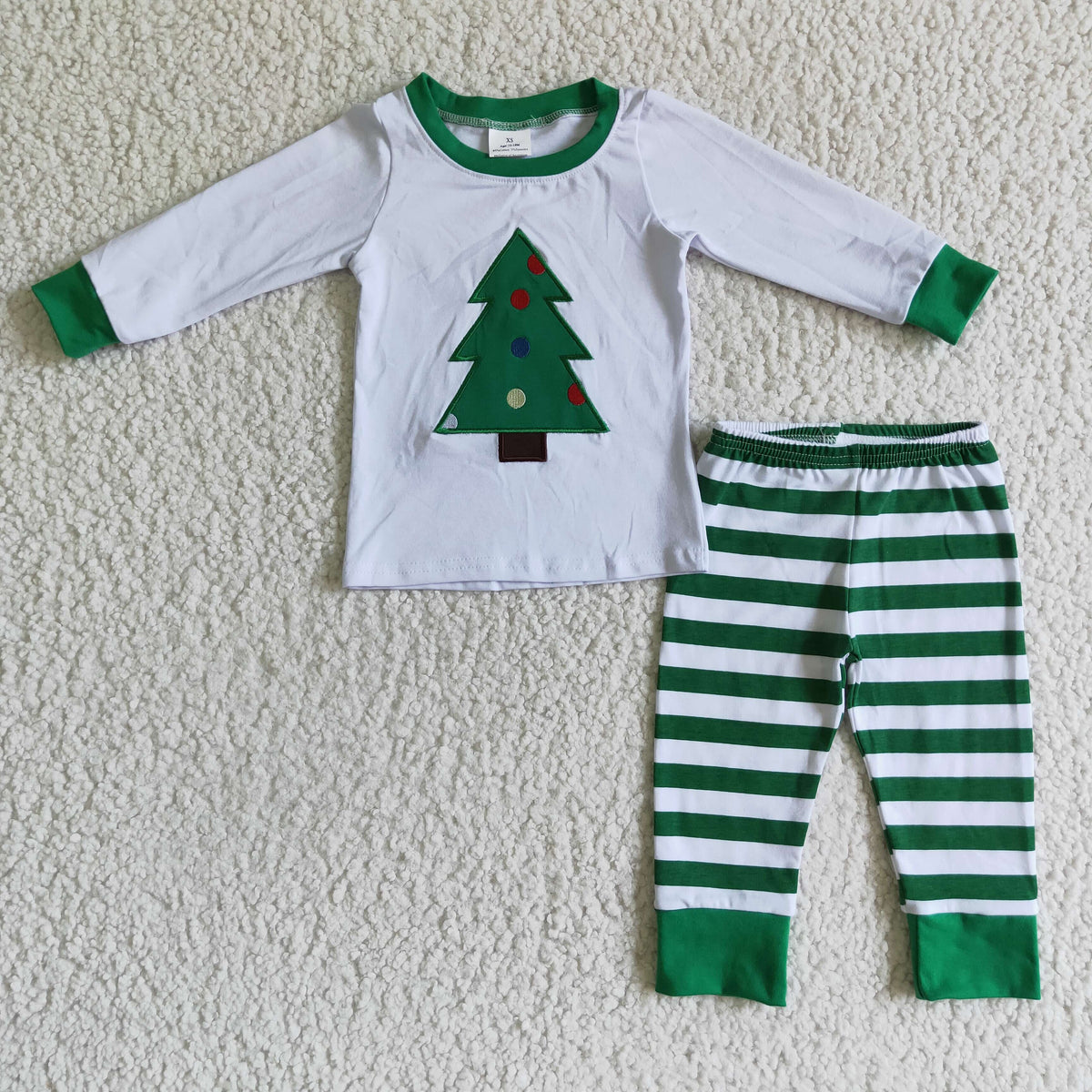 6 A28-15 Christmas tree long sleeve green striped pants boys set