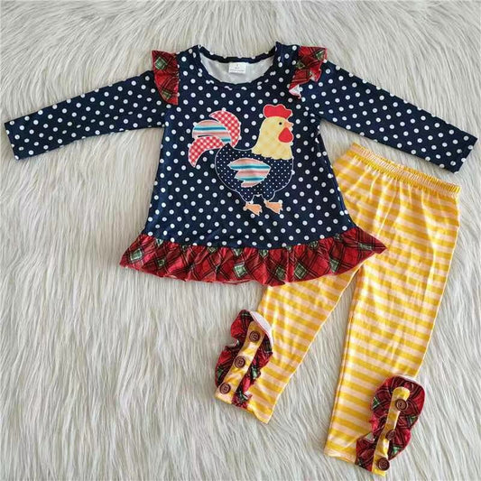 6 A28-16 cock navy dot long sleeve yellow pants girls set