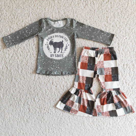 6 A28-4 Western cow grey long sleeve checkered pants girls set