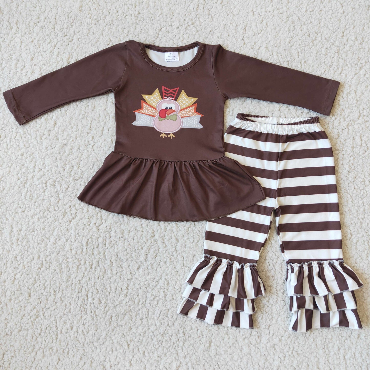 6 A29-17 Thanksgiving turkey brown long sleeve striped pants girls set