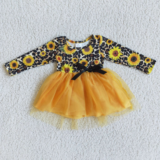 6 A29-27 Sunflowers leopard long sleeve tutu dress