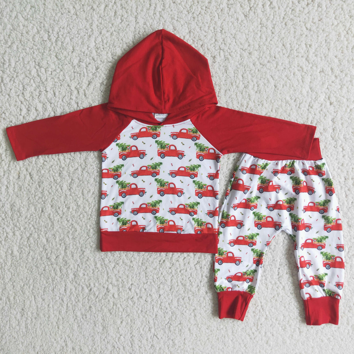 6 A29-28 Christmas tree truck red hoodie pants boys set