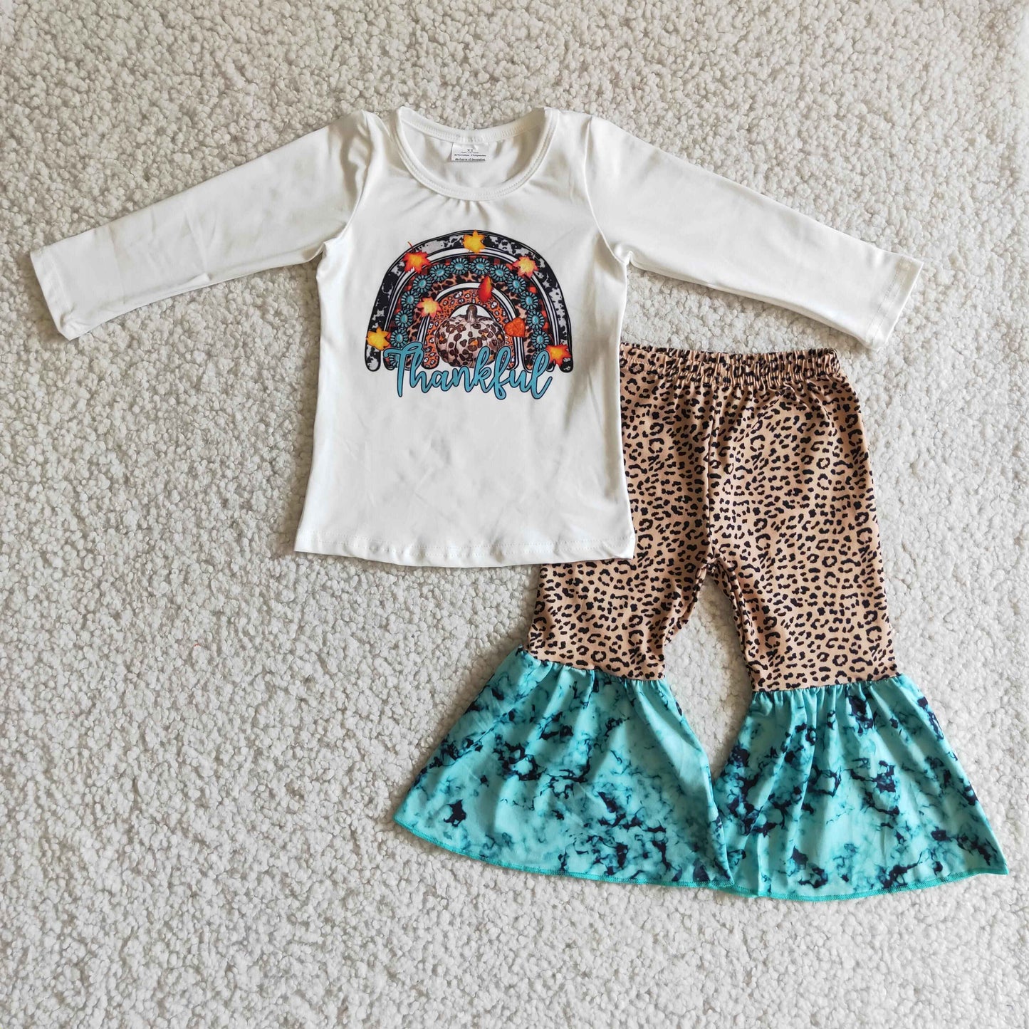 6 A3-15 Thankful leopard rainbow short sleeve leopard pants girls set