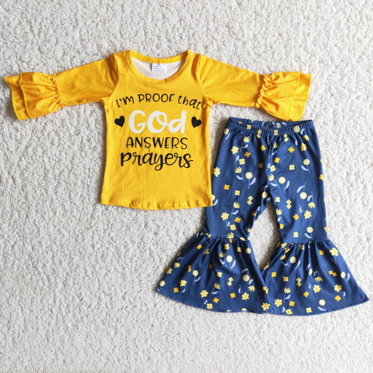 6 A3-30 God yellow long sleeve flowers blue pants girls set