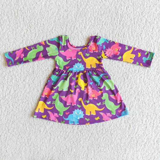 6 A3-4 Colorful Dinosaur Purple Long Sleeve Girls Dress