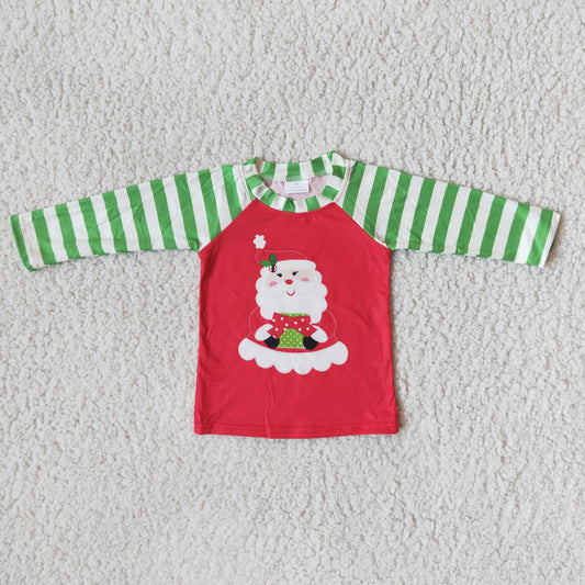 6 A32-1 Christmas Santa green striped kids top