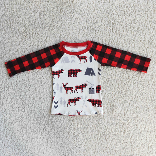 6 A33-1 Bear deer red checkered long sleeve kids top