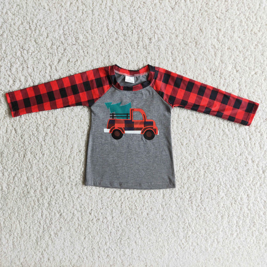 6 A33-2 Christmas Tree Truck Red Grey Long Sleeve Boys Top