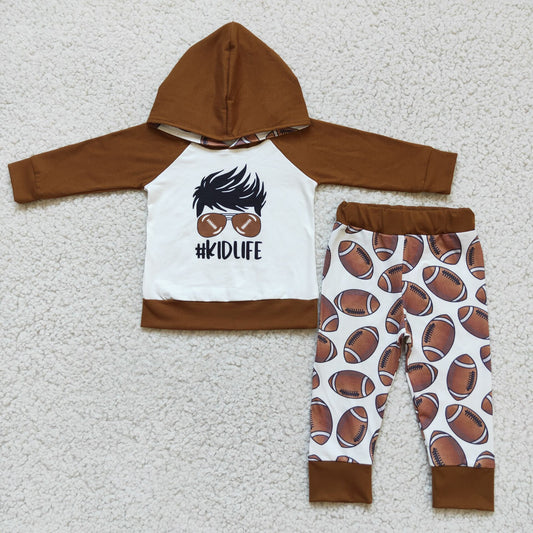 6 A4-12 Kid life football hoodie long sleeve brown pants kids set