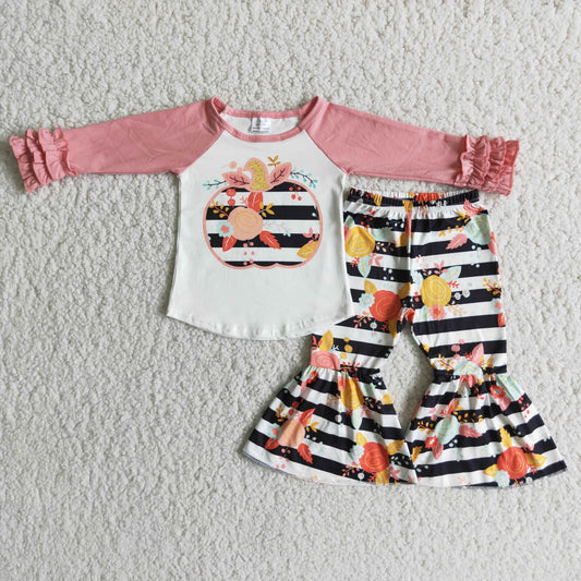 6 A4-15 Pumpkin Ruffles Raglan Sleeve Tunic Match Striped Floral Print Kids Casual Outfits