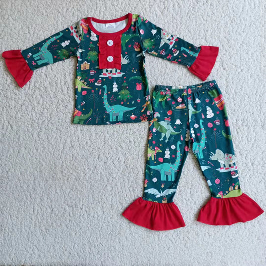6 A4-28 Christmas dinosaur blue long sleeve pants girls pajamas