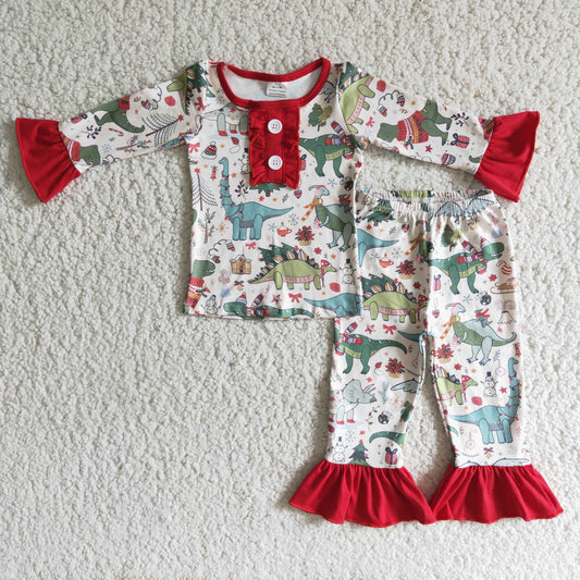 6 A4-30 Christmas dinosaur red long sleeve pants girls pajamas