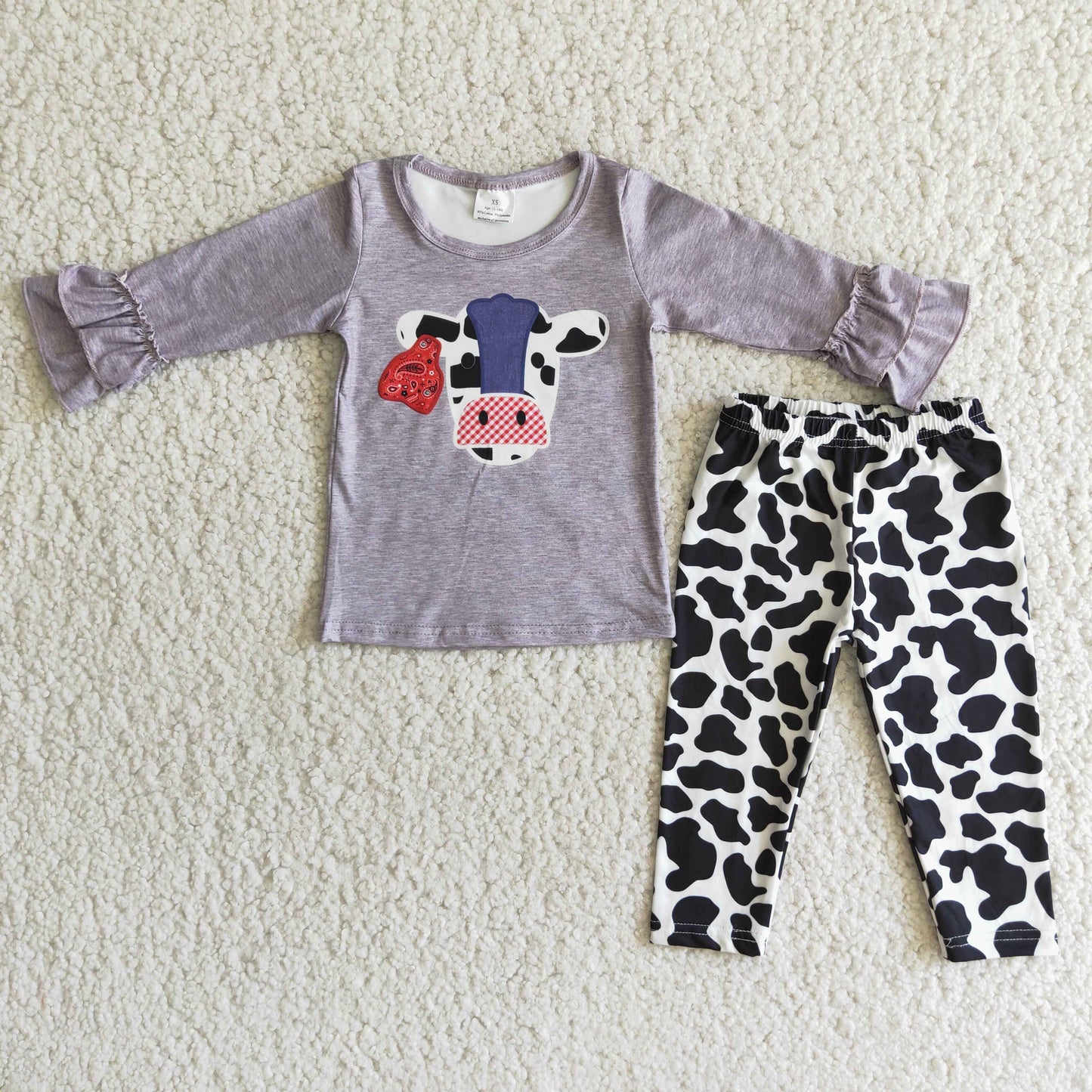 6 A5-1 Cow grey long sleeve cow print pants girls set