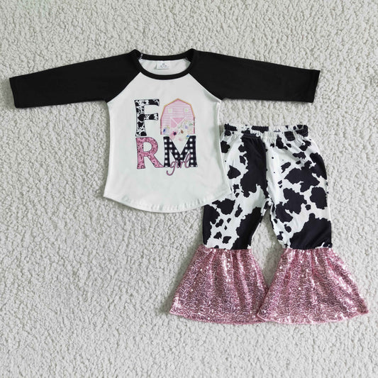 6 A6-15  Farm house long sleeve cow print pants girls set